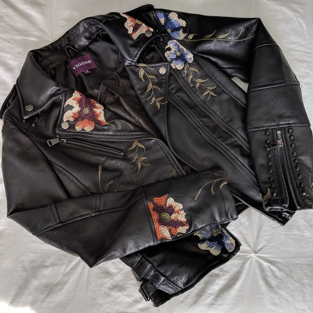 Faux leather jacket with embroidery